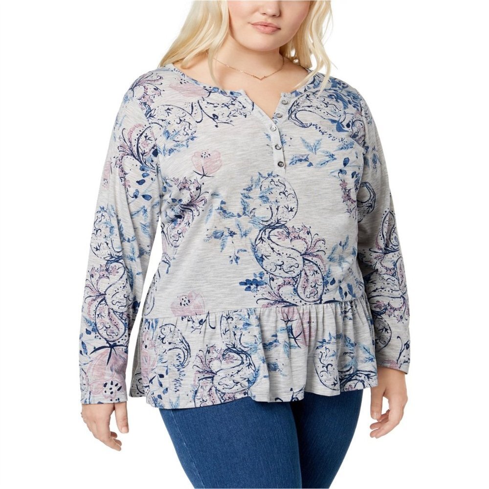 NWT Style & Co. Womens Floral Henley Shirt Size 0X blue pink grey